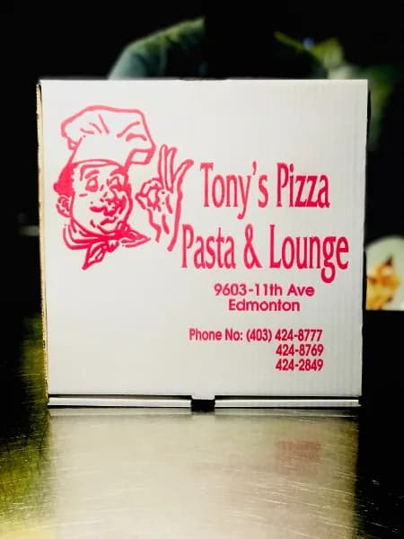 An original Tony's Pizza Palace takeout box with the first logo
