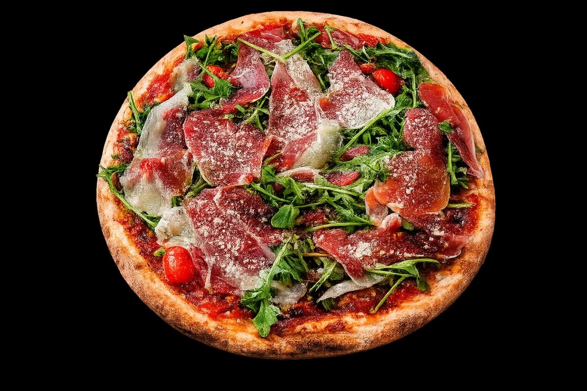 Pizza Rucola with prosciutto, baby arugula, cherry tomatoes and parmigiano