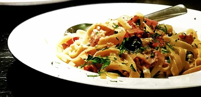 Fettuccine carbonara, finished with parmigiano