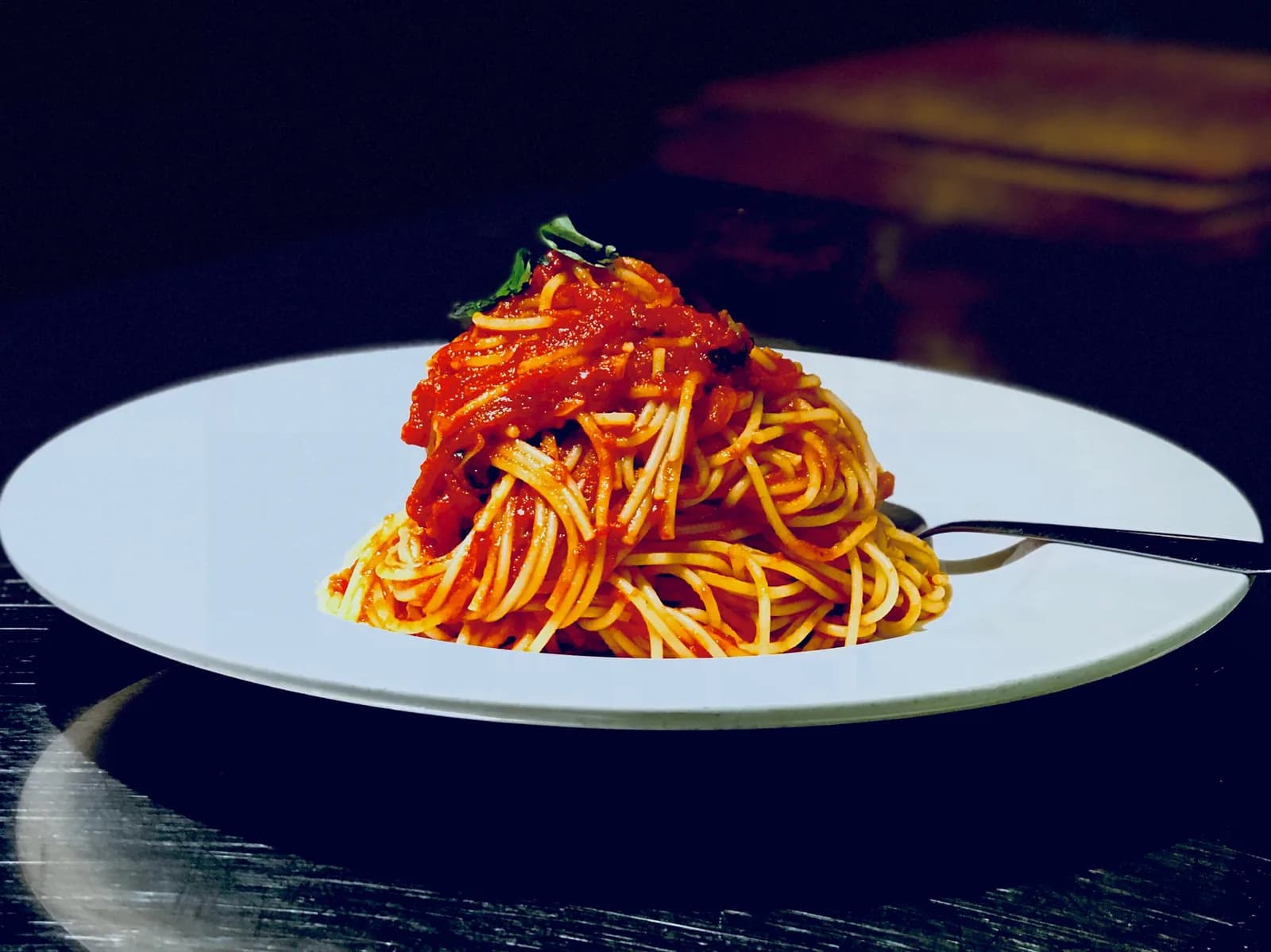 Spaghetti marinara with basil and roasted garlic