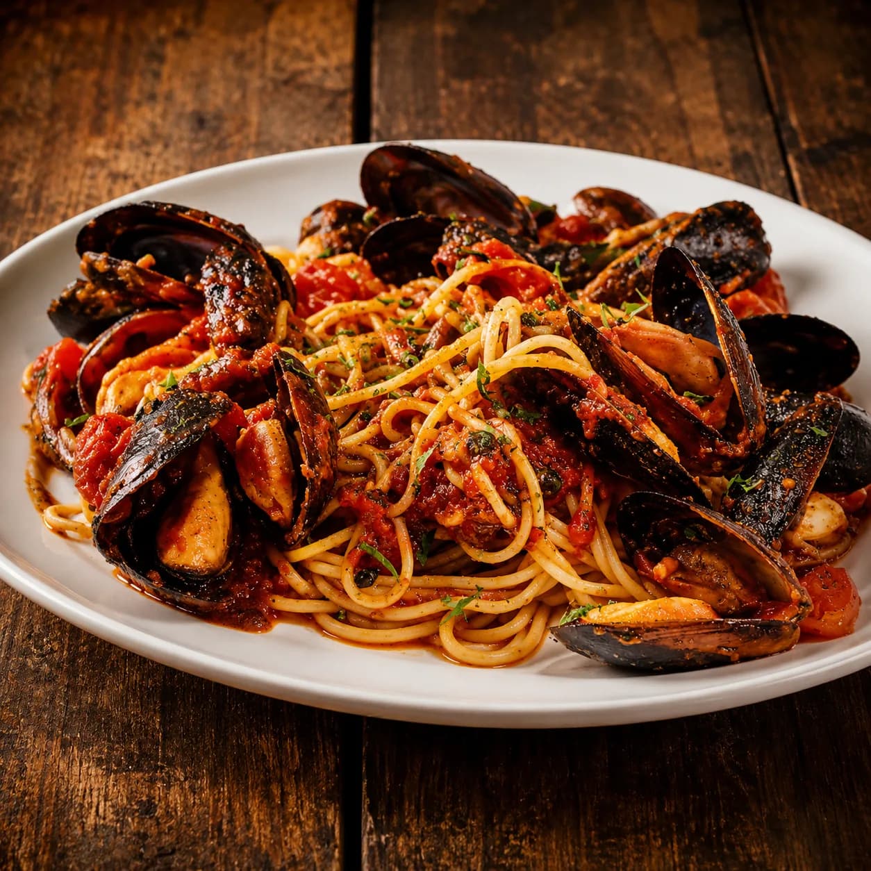 Spaghetti Mediterraneo — a pound of mussels in caper tomato sauce