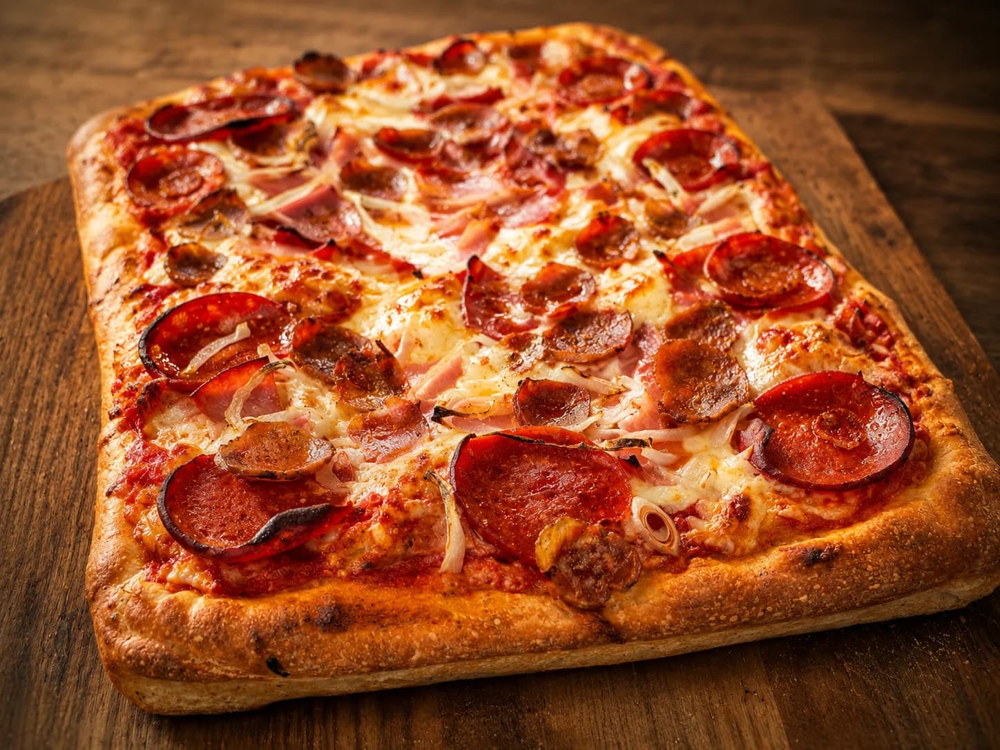A square Sicilian pizza, thick and golden